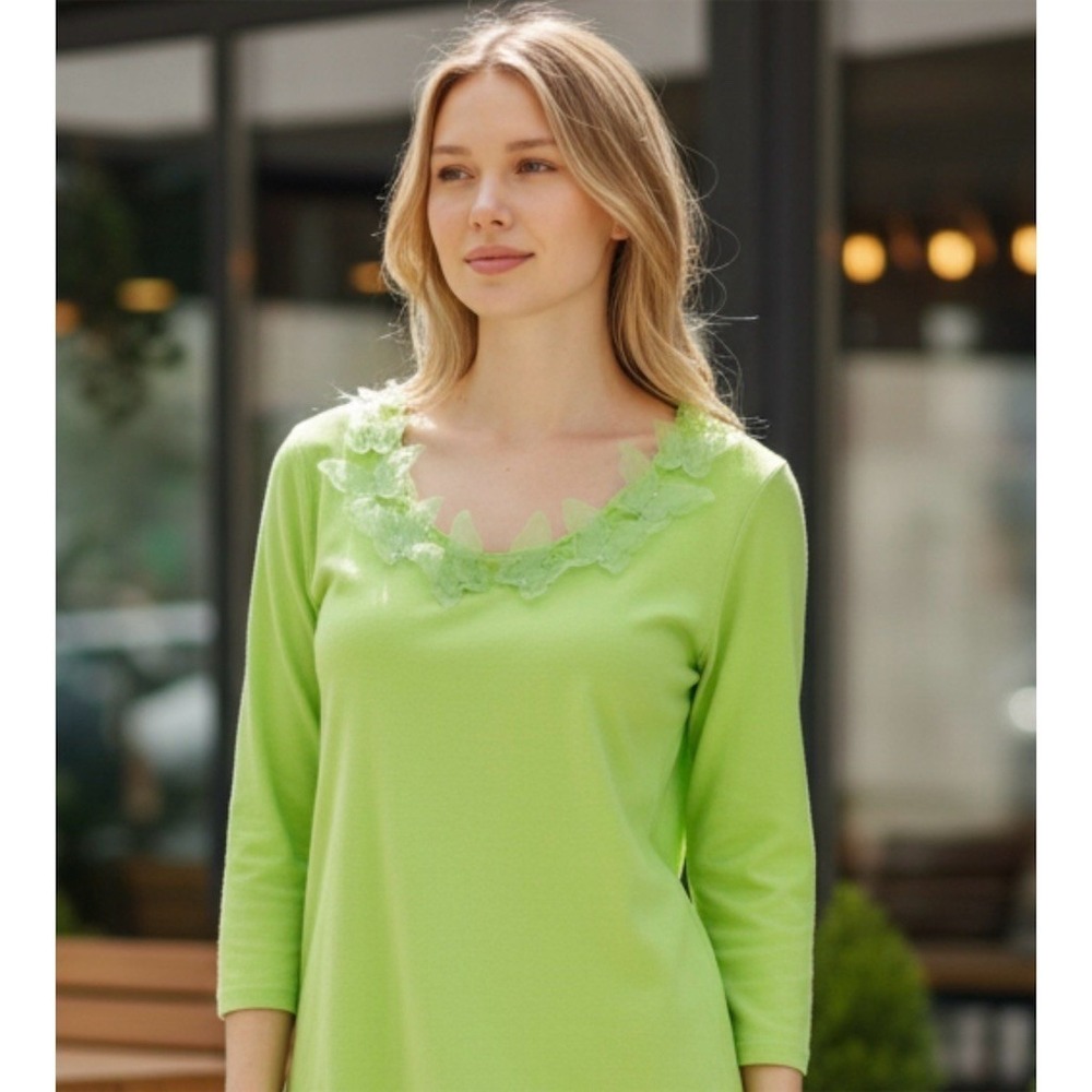 Pink Poodle Blouse Womens L Lime Green Butterfly Applique V-Neck 3/4 old money